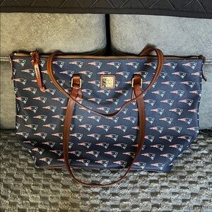 Dooney & Bourke Navy Tote with Brown Accents NFL New England Patriots few stains